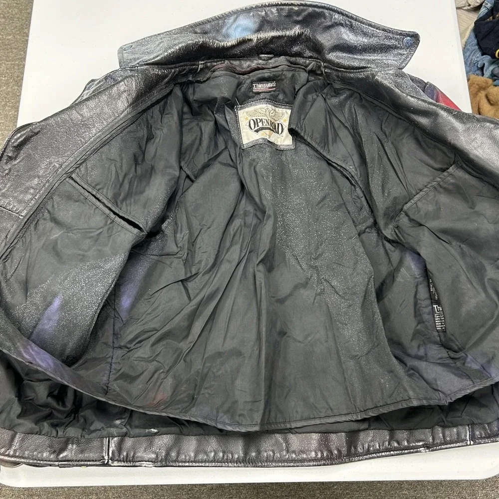 Vintage Leather Biker Jacket Mens XL Black Purple Fair Custom Spray Paint Punk